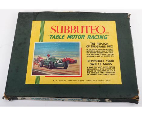 Very Rare Subbuteo Table Motor Racing game, large set circa 1950,s contents includes four cardboard racing cars on coloured b