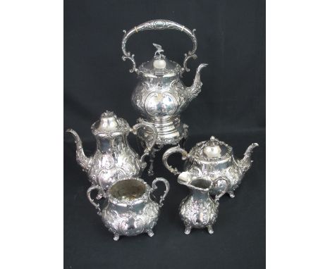 MAPPIN AND WEBB PRINCESS PLATE FIVE PIECE TEA AND COFFEE SET comprising teapot, coffee pot, spirit kettle raised on three cla