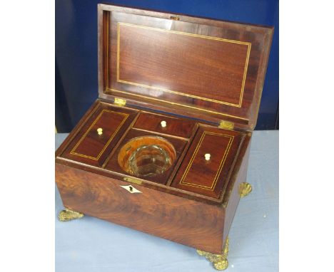 EARLY 19th CENTURY FLAME MAHOGANY RECTANGULAR TEA CADDY, the interior revealing three lidded compartments with ivory knob han