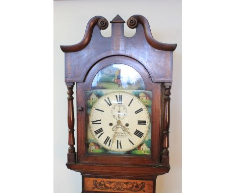 WELSH OAK EIGHT DAY LONG CASE CLOCK marked John Evans of Welshpool, having broken swan neck pediment above arched aperture fl