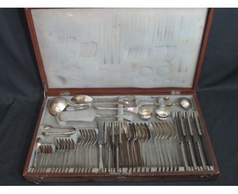 CASED CANTEEN OF SILVER CONTINENTAL CUTLERY comprising knives, forks, spoons, sugar nips, salts, ladle, fish server, basting 