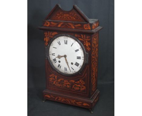 19th CENTURY DUTCH MARQUETRY ARCHITECTURAL TWO TRAIN MANTLE CLOCK, the mahogany case overall foliate inlaid in satinwood and 