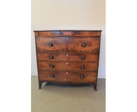 EARLY 19th CENTURY MAHOGANY SECRETAIRE CHEST OF DRAWERS having moulded edge top above foliate inlaid panels to the frieze, se