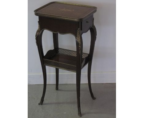 19th CENTURY FRENCH STYLE INLAID MAHOGANY AND ROSEWOOD TWO TIER ETAGERE, the top with inlaid musical symbols and having a bra