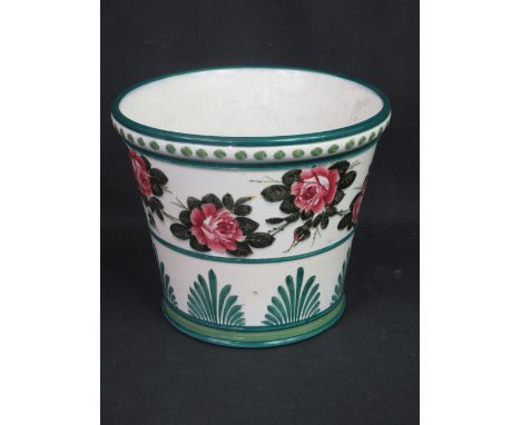 WEMYSS WARE POTTERY circular tapering vase, hand-painted with a band of pink roses above a band of anthemions within green bo