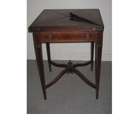 LATE VICTORIAN INLAID ROSEWOOD ENVELOPE TOPPED CARD TABLE, the top inlaid with figural and foliate designs opening to reveal 