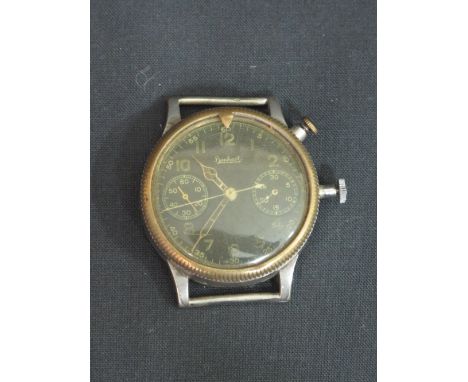 A RARE GENTLEMAN'S GERMAN HANHART WORLD WAR II PERIOD MILITARY CHRONOGRAPH WRIST WATCH, single button with adjustable brass b