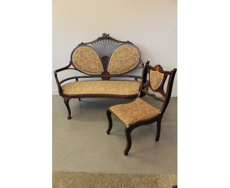 VICTORIAN INLAID MAHOGANY SHOWFRAME UPHOLSTERED SOFA having pierced and foliate moulded back with padded panels, wrap around 