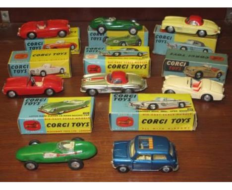 COLLECTION OF CORGI TOYS, die-cast scale models to include Austin Healey Sports car no. 300 in box, B.R.M. Formula One Grand 