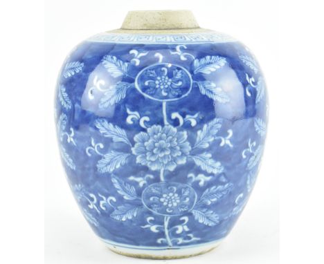 A Qing dynasty&nbsp;blue and white ceramic ginger jar. The ovoid shaped jar decorated with peonies and leaves throughout the 