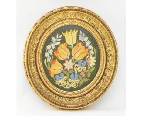A mid to late 19th century Victorian needlework tapestry presented in a contemporary gilt frame. The tapestry on green ground