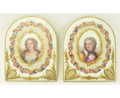 Believed Sevres Porcelain, France - A pair of continental 19th century hand painted ceramic portrait tiles. The lot to includ