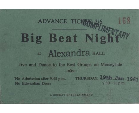 1961 BEATLES BIG BEAT ALEXANDRA TICKET. An original printed card ticket for a 'Big Beat Night' at Alexandra Hall, Liverpool. 