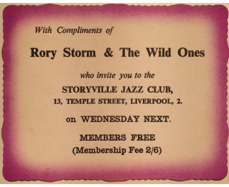 RORY STORM AND THE WILD ONES TICKET. An original card ticket for a circa 1961 concert with Rory Storm and the Wild Ones. Meas