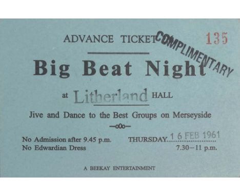 1961 BEATLES BIG BEAT LITHERLAND TICKET. An original printed card ticket for a 'Big Beat Night' at Litherland Town Hall, Live