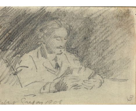 Yeats (Jack B.).  A good pencil Sketch of Robert Gregory (son of Lady Gregory), reading, or perhaps playing cards, signed wit