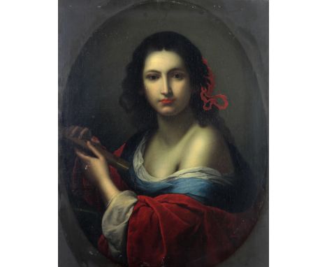 After Giovanni Martinelli (1610 - 1659)"Allegory of Music," O.O.C., depicting an attractive Lady in red and blue, playing a m