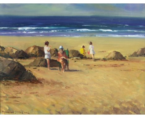 N.J. McCaig (1929 - 2001)"On the Beach with Grandma," beach scene with grandmother seated with children playing, O.O.B., appr