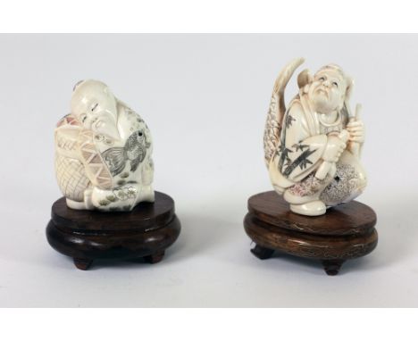 A fine carved ivory Netsuke of Old Man riding a large Fish, signed, approx. 7.5cms (3") high; and another sim., "Old Sage sle