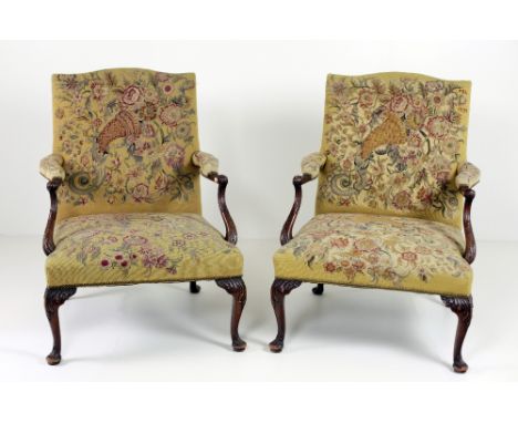 A pair of late 18th Century / early 19th Century large French style Gainsborough mahogany Armchairs, with stuffed and upholst