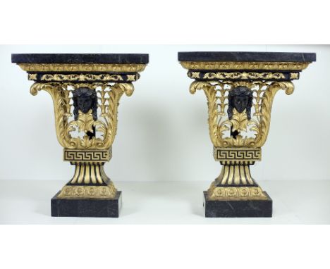 A pair of attractive 18th Century style English Console Tables, after William Kent, the chequered marble tops over gilt and b