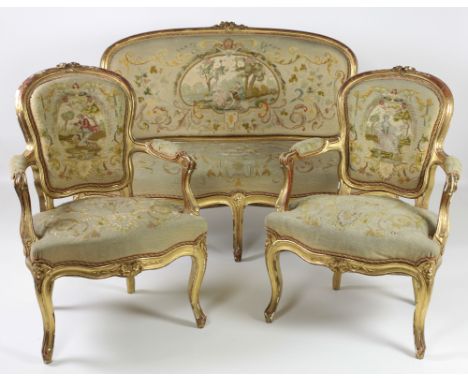 A fine quality suite of Napoleon III period giltwood Seat Furniture, comprising of six fauteuils and a canapé, each covered i