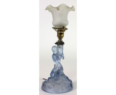 A 19th Century Lalique type blue glass Candlestick, modelled as a nude female figure on rocks, approx. 20cms (8") high, now c