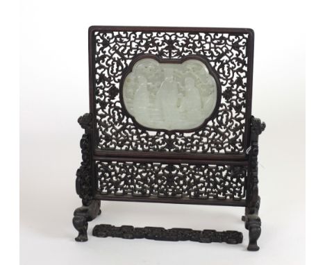 A 19th Century Chinese carved hardwood Table Screen, with jade inset depicting noble figures in landscape, the overall body c