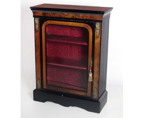 A Victorian marquetry, inlaid and ebonised Side Cabinet, with walnut banding, the top above a concave frieze over a glazed ar