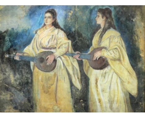 John Butler Yeats R.H.A. (1839 - 1922)A Drawing, watercolour on paper, circa 6 ins x 7 ½ ins, showing two young women in flow