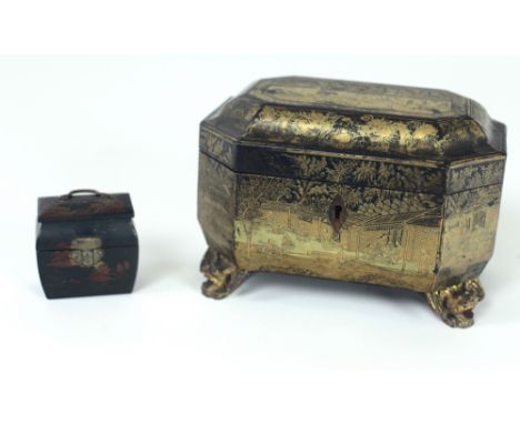 An attractive 19th Century Chinese gilt decorated shaped octagonal Box, painted with interior and exterior everyday scenes, o