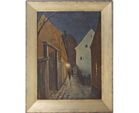Gross, Ejnar (1895 Viborg - Blockhus 1962) Theaterstraße in "Aalborg", so li. u. betitelt und re. u. sign. Öl/Lwd. 50x 37 cm.