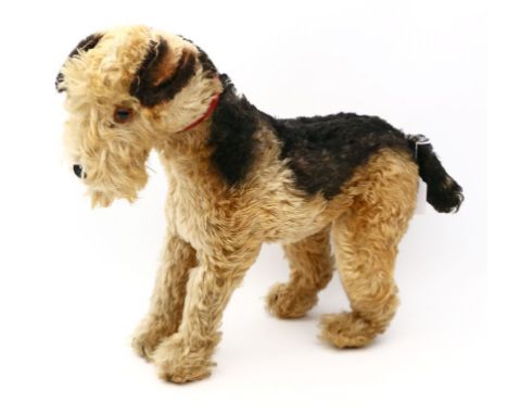 Stehender Airedaleterrier, Steiff. Verschiedenfarbiger Mohair. Mit K und F. Bespielt, Druckstimme defekt. 50er/60er Jahre. H.