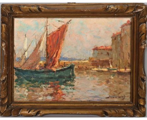 Unbekannter Maler (1. Hälfte 20. Jh.) Südländischer Hafen. Öl/Holz, re. u. unleserlich sign. 16x 22 cm. Geschnitzter R..