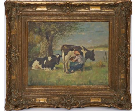 Meltzer (Ende 19. Jh.) An Ufer ihre Kuh melkende Bäuerin. Öl/Platte (besch., Riss), re. u. sign. "Meltzer?". Ca. 40x 50 cm. R