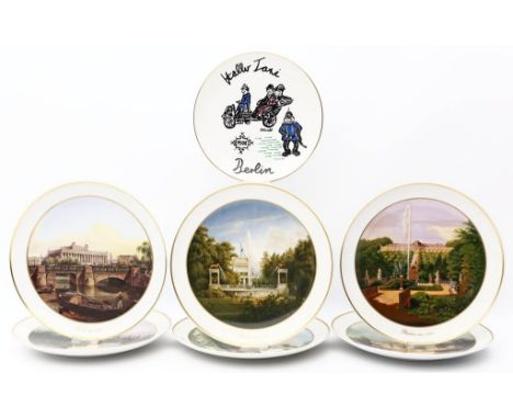 7 Wandteller, KPM Berlin. Porzellan. 6x mit polychromen Berlinansichten, D. 25 cm, 1x "Hallo Taxi", D. 19,5 cm. Je Szeptermar