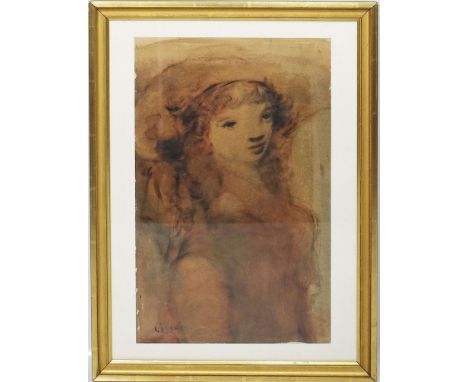 Unbekannter Maler (20. Jh.) Mädchen im Stil von Leonor Fini. Mischtechnik, li. u. unleserlich sign. Ca. 48,5x 30,5 cm. R.