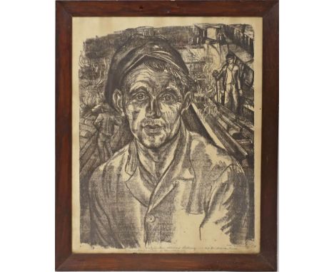 Unbekannter Künstler (um 1951) Portrait eines Walzwerkers aus Riesa. Lithographie (Wasserschäden), re. u. unleserlich sign. u