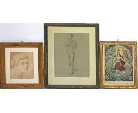Posten Bilder (meist 19. Jh.) Dabei Männer-Aktstudie von H. Gassert, Rötelzeichnung eines Kopfes, Biedermeier-Portrait und He
