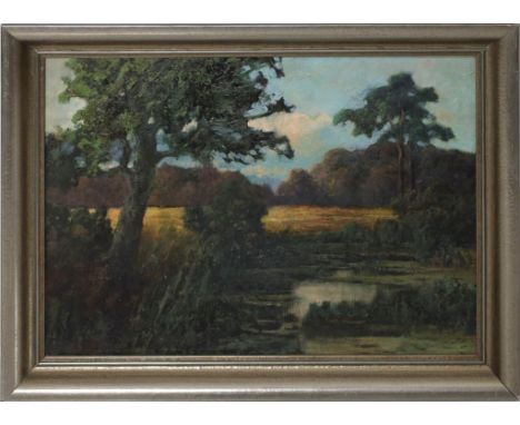 De Ruyter, Viktor (geb. 1870 Kerkberg) "Motiv i/d Mark", so verso betitelt und sign. Öl/Karton, li. u. monog. 31,5x 41,4 cm. 