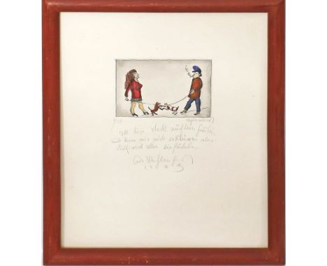 Mühlenhaupt, Kurt (1921 Klein Ziescht- Berlin 2006) "Ick bin stock nüchtern Fräulein...", so betitelt. Aquarellierte Radierun