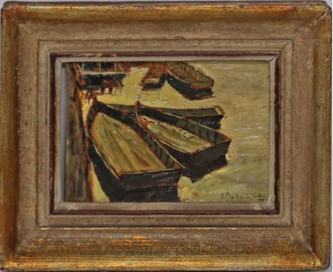 Unbekannter Maler (1. Drittel 20. Jh.) Boote am Ufer. Öl/Platte, re. u. unleserlich sign. "P. B...?". Ca. 17,5x 24,5 cm. R.