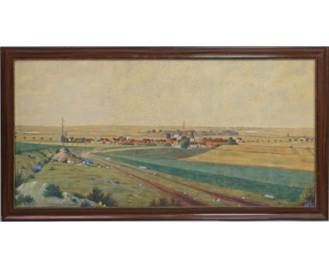 Eschemann, Fritz Julius (1856 - 1935). Landschaftsdarstellung mit Dorf und Innenansicht eines bäuerlichen Hofes. Aquarell/Pap