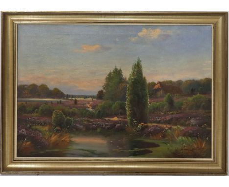 Unbekannter Maler (1. Hälfte 20. Jh.) Heidelandschaft mit Bauernkate. Öl/Lwd., re. u. unleserlich sign., verso Etikett des Ku