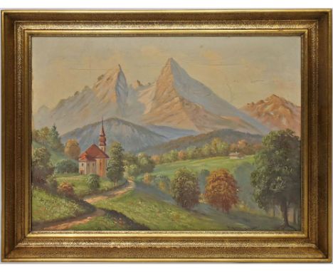 Kamienski, M. (20. Jh.) Sommerliche Voralpenlandschaft mit Kapelle. Öl/Lwd., re. u. sign. 60x 80 cm. R.