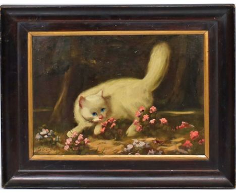 Unbekannter Maler (1. Hälfte 20. Jh.) Katze an Blumen. Öl/Karton (Kratzer), li. u. sign. 30x 40 cm. R.