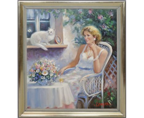Groeneveld, Gerard (geb. 1948 Zuid-Limburg) Mädchen mit Katze. Öl/Lwd., re. u. sign. 70x 60 cm. R. Beigegeben: Kaufbeleg Raum