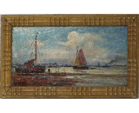 Unbekannter Maler (um 1920) Boote am Ufer. Öl/Holz, li. u. unleserlich sign., verso bez. und dat. 1920. Ca. 11x 21 cm. R.