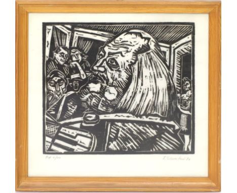 Schweitzer, Friedrich (geb. 1935 Berlin) Interieur der "Spitze" mit Gästen und Portrait des Wirtes "Karle". Holzschnitt, re. 