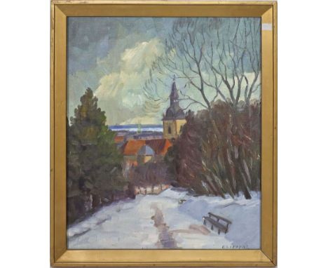 Unbekannter Maler (20. Jh.) Dorf im Winter. Öl/Lwd., re. u. unleserlich sign. "Elimar?". Ca. 56,5x 48,5 cm. R.